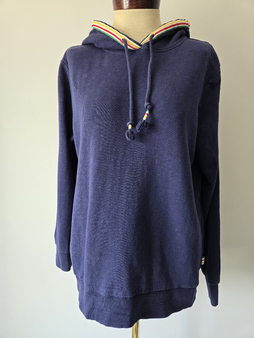 HBC STRIPES Navy Hooded Pullover Sweater with Striped Trim. Size M